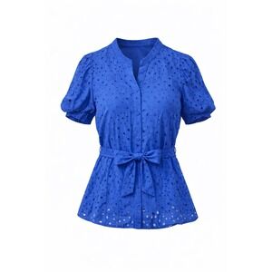 NWT CiciBird Eyelet Belted Button Down Short Sleeve‎ Blouse Royal Blue Size S